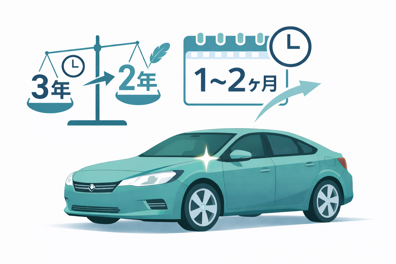 KINTOの中古車の２年契約であるということと、納期が１～２ヶ月であることをイメージした画像