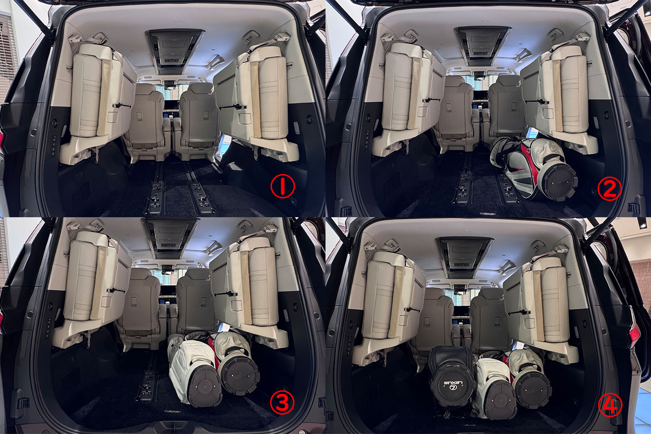 レクサスLMに4つのゴルフバックを乗せた写真