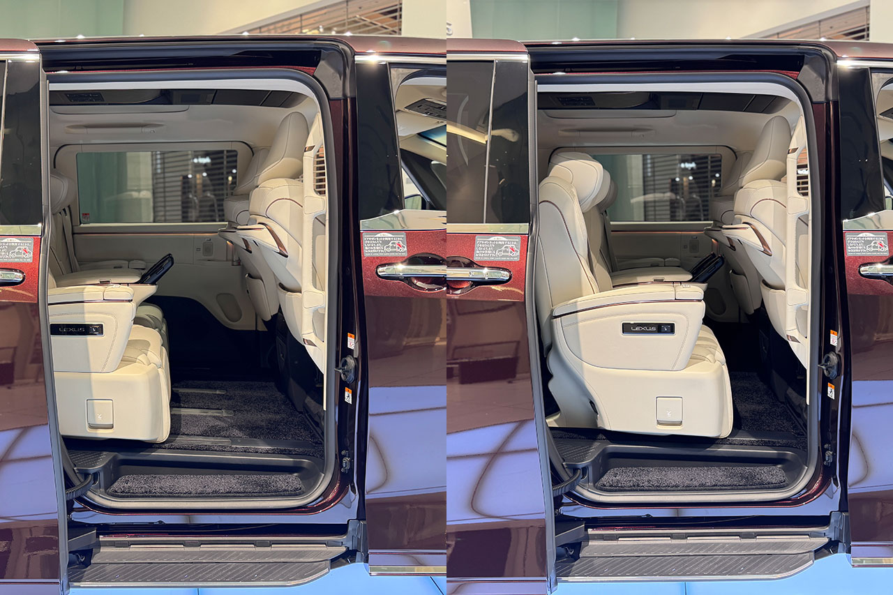 レクサスLMの2列目を一番引いた状態と一番前に出した状態を比べたもの