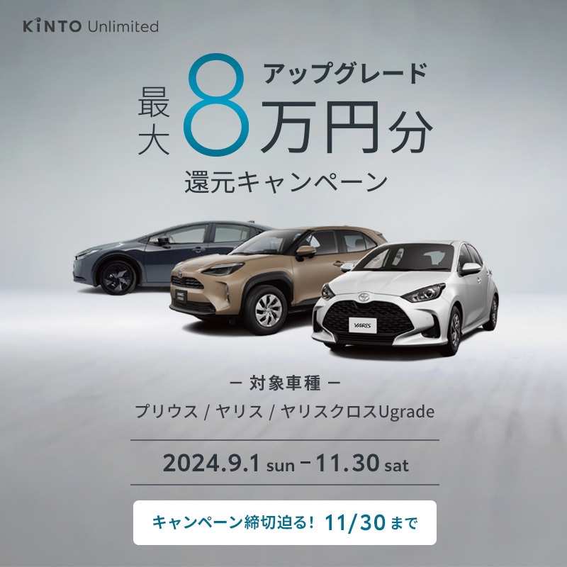 TOYOTA×KINTOコラボ　アップグレード最大8万円分還元キャンペーン