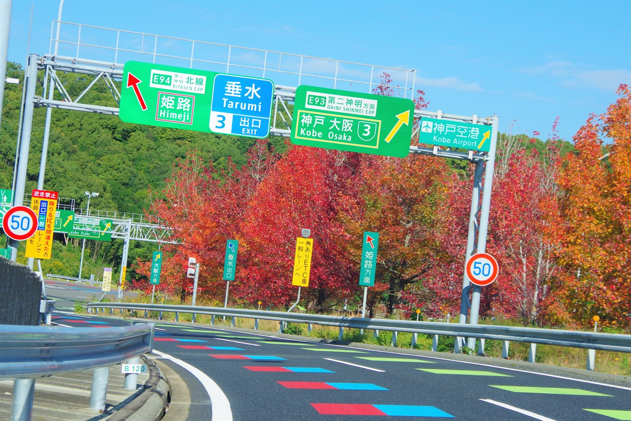 色分けされた路面の破線と標識や矢印