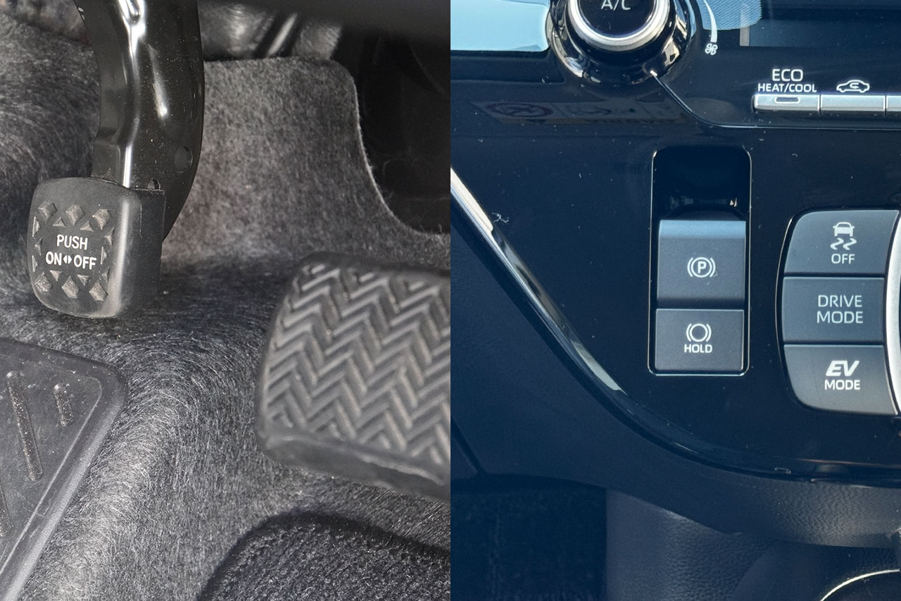 左：改良前はフットブレーキ　右：改良後は（P）ボタン