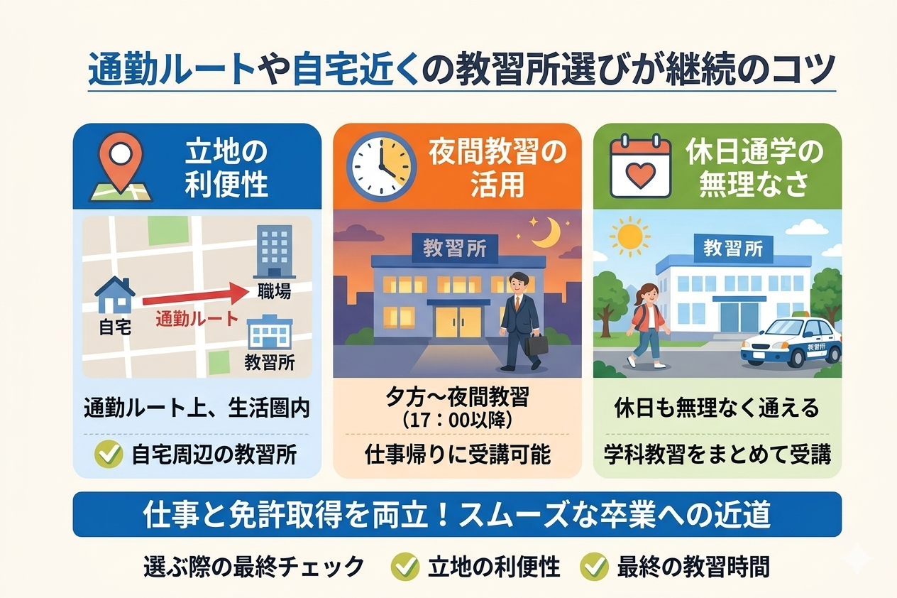 通勤ルートや自宅近くの教習所選びが継続のコツ