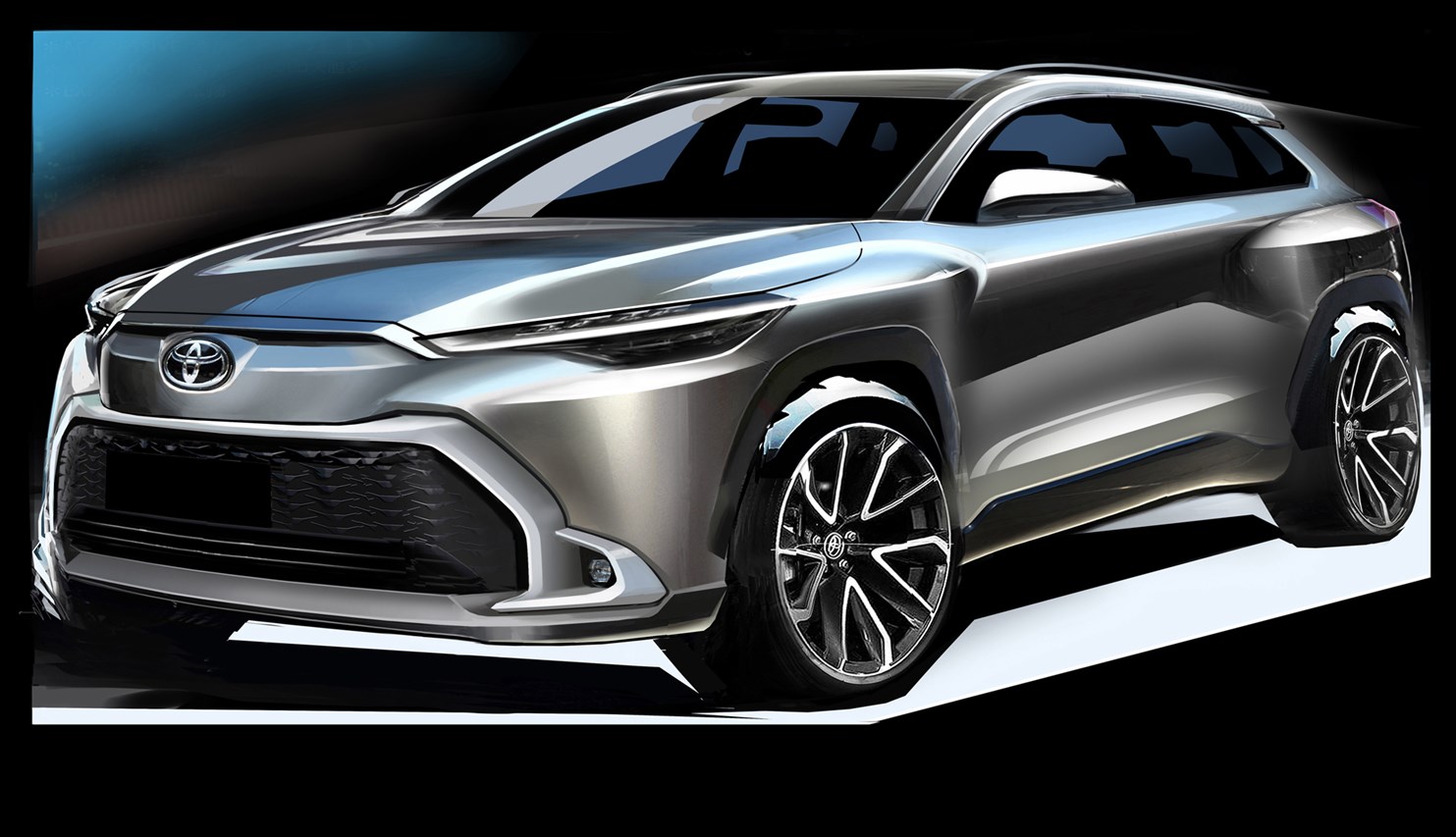 カローラ クロスのデザインスケッチ。カローラらしさもあるスポーティなデザインが描かれていた