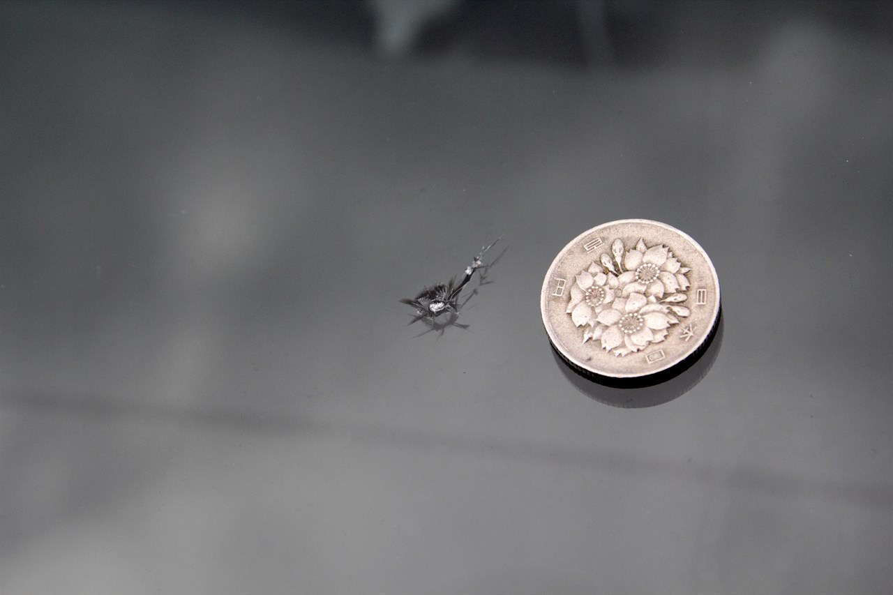 飛び石によるキズと100円玉(直径22.6mm)