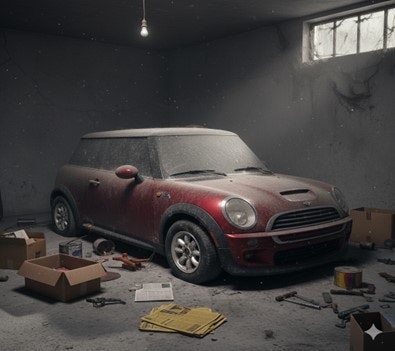 不動車になってホコリをかぶった僕のかつての愛車。とほほ…なんとかしなきゃ…（AIによるイメージ画像です）