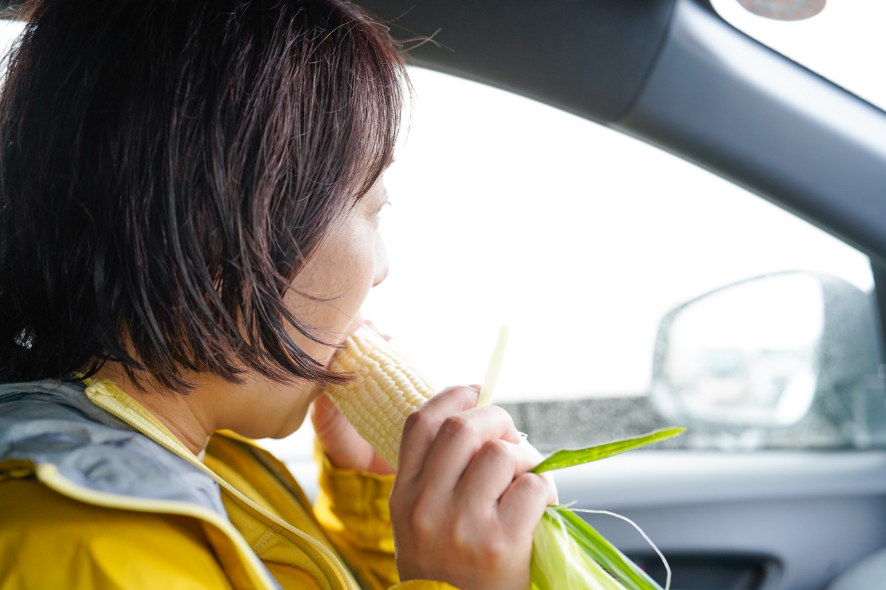 トウモロコシにかぶりついている様子
