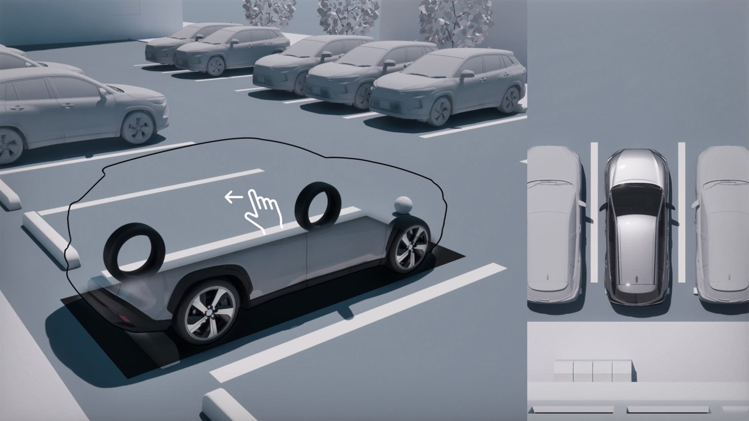 RAV4のパノラミックビューモニター(3Dビュー付)は、直感的なスワイプ操作により、車両周辺のリアルタイム状況を、ディスプレイオーディオ画面でしっかり確認できる機能。操作はシフトポジションが「P」のときに行えます。